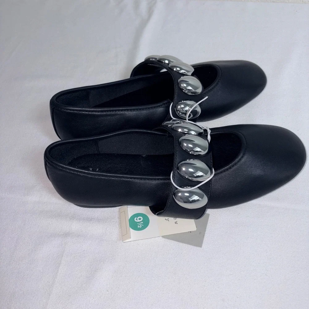 A New Day Mary Jane Flats 9.5 Black New Silver Studded Memory Foam Round Toe